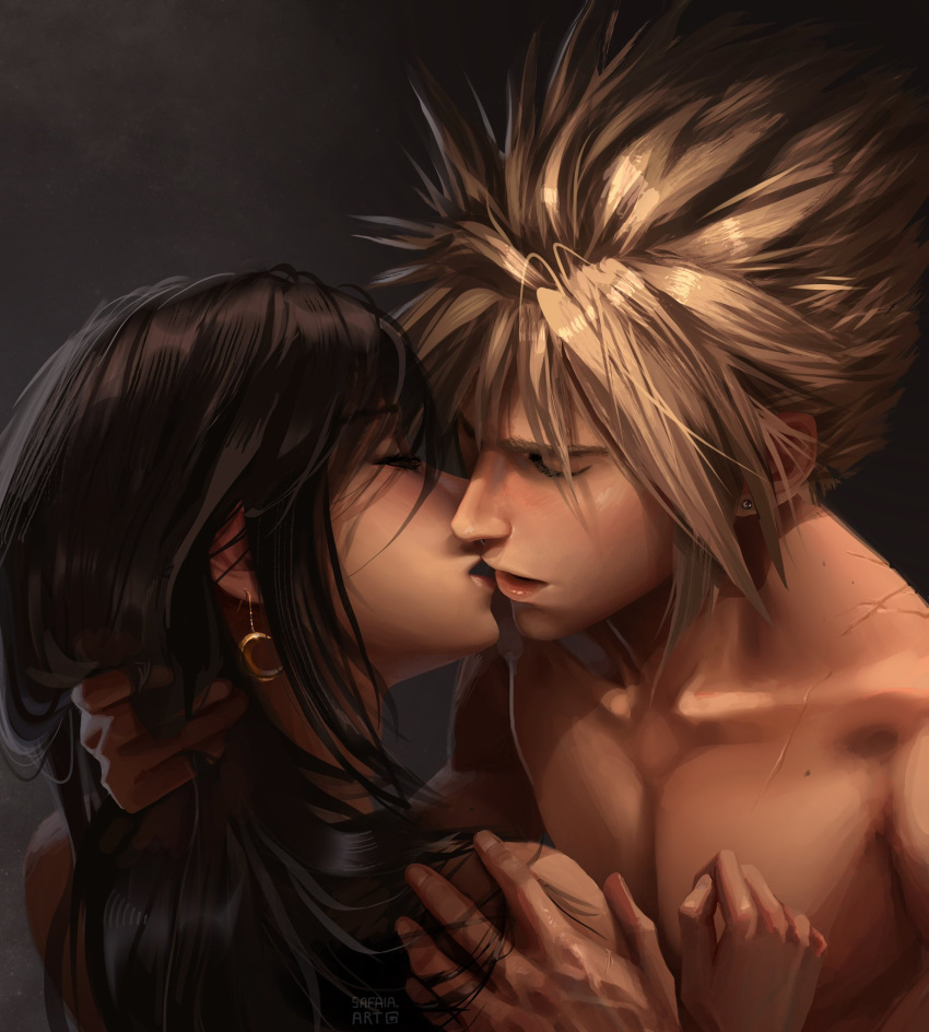 1boy 1girl black_hair blonde_hair closed_eyes cloud_strife collarbone couple crescent crescent_earrings crescent_moon earrings final_fantasy final_fantasy_vii final_fantasy_vii_remake hand_on_another's_head hand_on_another's_shoulder hetero highres holding_another's_head imminent_kiss jewelry kiss long_hair moon safaiaart scar spiked_hair tifa_lockhart topless_male upper_body