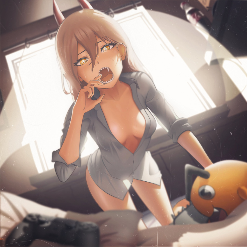 1girl absurdres bed blonde_hair breasts chainsaw chainsaw_man controller cross-shaped_pupils fang film_grain game_controller hair_between_eyes highres horns kneeling leaning_forward lem light light_rays long_hair looking_at_viewer open_mouth partially_unbuttoned pochita_(chainsaw_man) power_(chainsaw_man) red_horns revealing_clothes sharp_teeth shirt sleeves_rolled_up small_breasts solo stuffed_toy sunbeam sunlight sweat symbol-shaped_pupils teeth white_shirt yellow_eyes