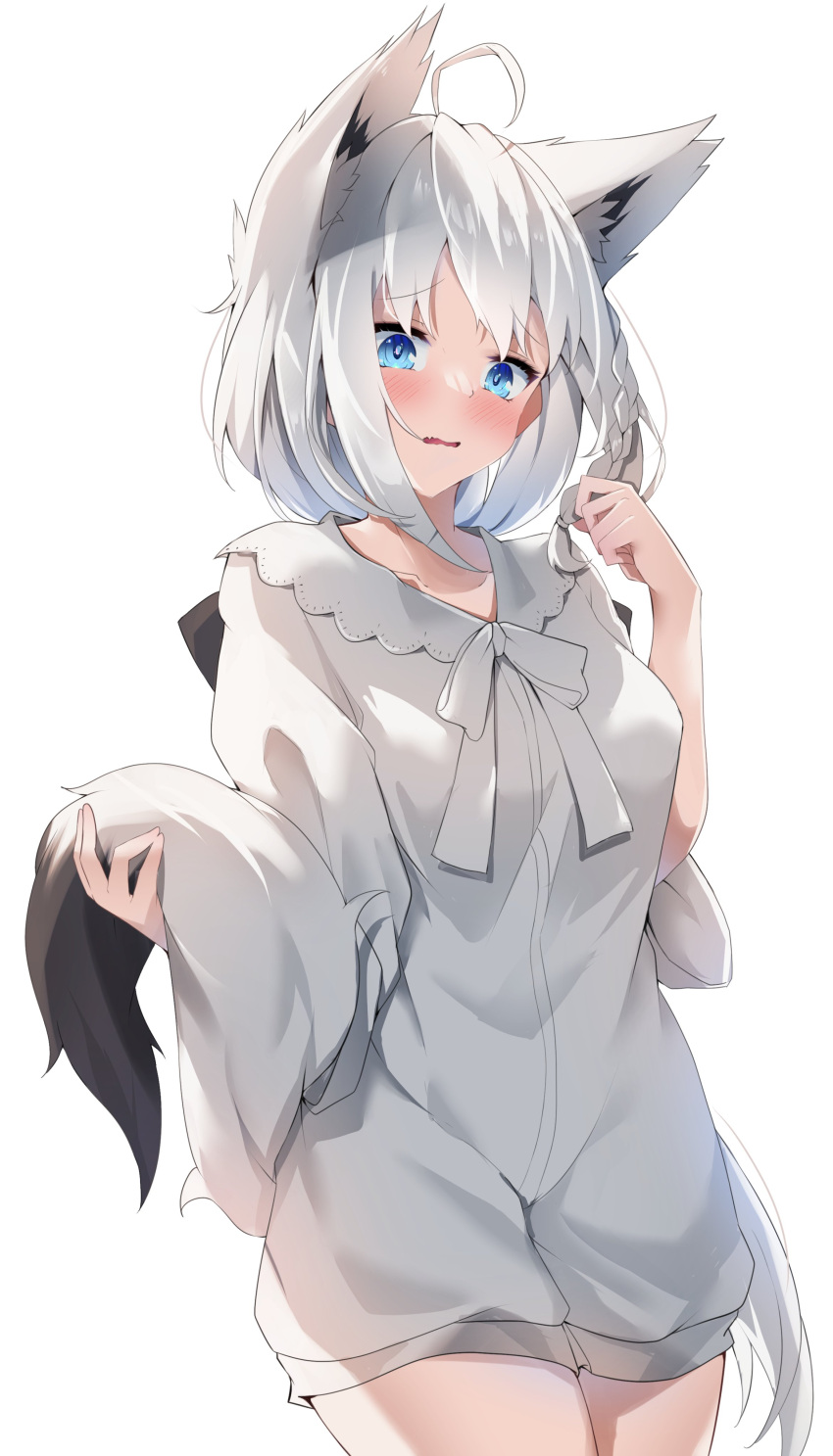 1girl absurdres ahoge amato_0321 animal_ear_fluff animal_ears bangs blush braid commentary_request fox_ears fox_girl fox_tail green_eyes hair_between_eyes highres holding_tail hololive long_hair looking_at_viewer open_mouth shirakami_fubuki shirt sidelocks simple_background single_braid solo tail virtual_youtuber wavy_mouth white_background white_hair white_shirt