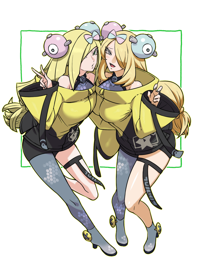 2girls bare_shoulders black_coat black_shorts braid breasts coat collarbone cosplay covered_collarbone cynthia_(pokemon) eyelashes fingernails full_body furrowed_brow green_eyes grey_eyes grey_footwear grey_pantyhose hair_over_one_eye halterneck hexagon_print high_heels highres iono_(pokemon) iono_(pokemon)_(cosplay) kenchi knees_together_feet_apart large_breasts leg_up long_hair long_sleeves looking_at_viewer low-tied_long_hair lusamine_(pokemon) magnemite magnet matching_outfit multicolored_coat multiple_girls one-eyed open_mouth outline pantyhose pokemon pokemon_(creature) pokemon_(game) pokemon_dppt pokemon_sm pokemon_sv screw sharp_teeth shorts single_leg_pantyhose standing standing_on_one_leg star_(symbol) star_print teeth thigh_strap two-tone_coat v white_background wide_sleeves yellow_coat yellow_outline