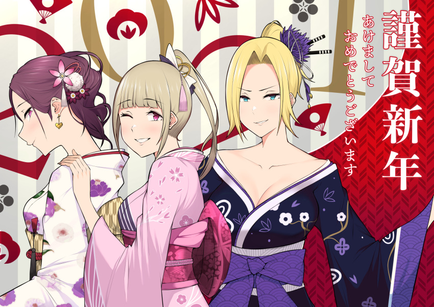 3girls bangs blonde_hair blue_eyes blunt_bangs breasts cleavage commentary_request earrings grey_hair gyaru hair_ornament hamazaki_reina happy_new_year heart heart_earrings highres imaizumin-chi_wa_douyara_gal_no_tamariba_ni_natteru_rashii japanese_clothes jewelry kanzashi kimono kurumizaka_ruri looking_at_viewer multiple_girls nori_gorou obi obiage obijime one_eye_closed parted_lips pink_eyes pink_kimono profile purple_eyes purple_hair purple_kimono sasaki_yukina sash seigaiha smile striped striped_background translation_request unmoving_pattern vertical_stripes white_kimono yagasuri