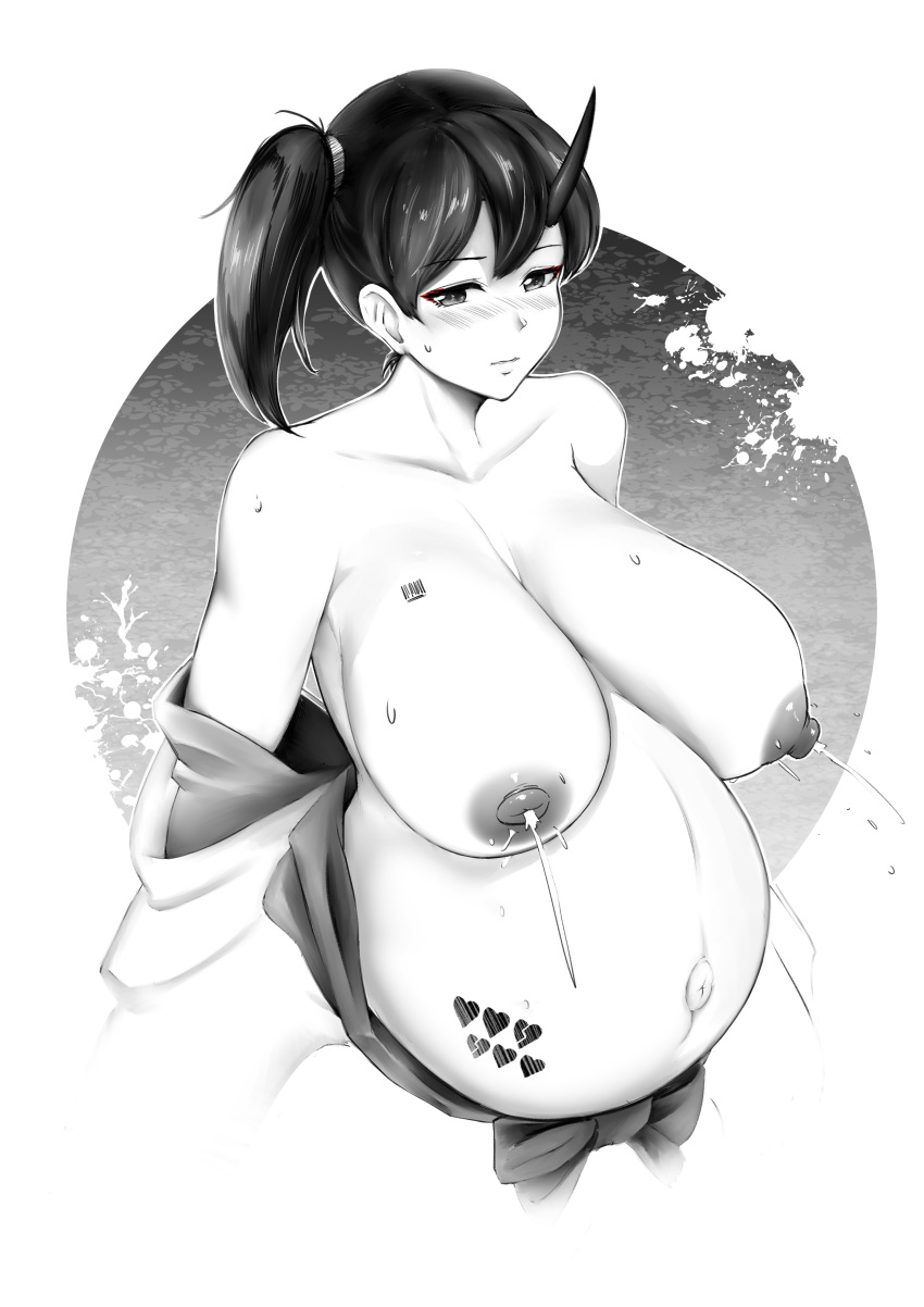 1girl absurdres barcode barcode_tattoo big_belly breast_tattoo breasts broken_heart collarbone dark_nipples heart heart_tattoo hentai_rat highres horns huge_breasts kaga_(kancolle) kantai_collection lactation long_hair nipples pregnant short_sidetail side_ponytail single_horn solo spot_color stomach_tattoo tattoo