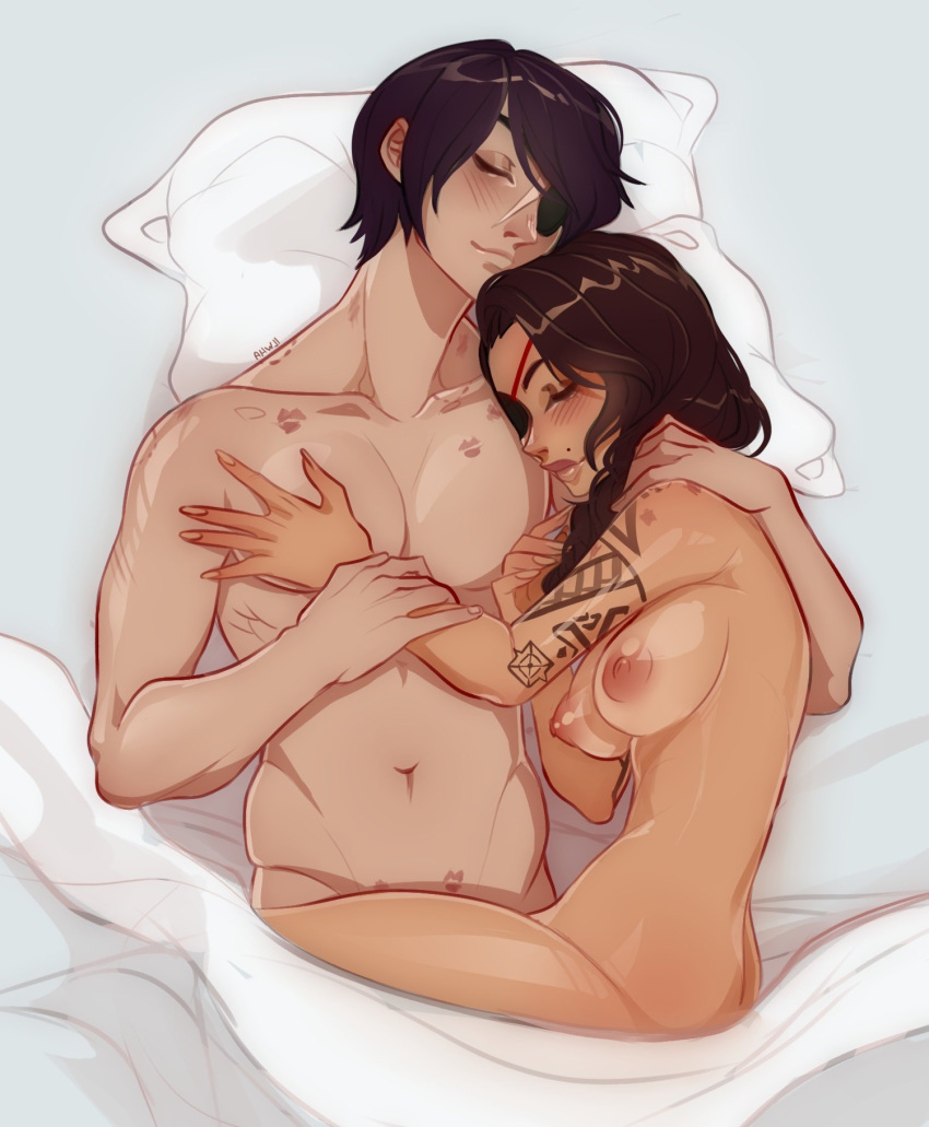 1boy 1girl aphelios arm_tattoo artist_name bangs black_hair blanket blush brown_hair closed_mouth collarbone completely_nude eyepatch hetero highres ilwha league_of_legends lipstick_mark long_hair lying mole mole_above_mouth navel nipples nude on_back on_side pillow samira shiny shiny_hair short_hair tattoo