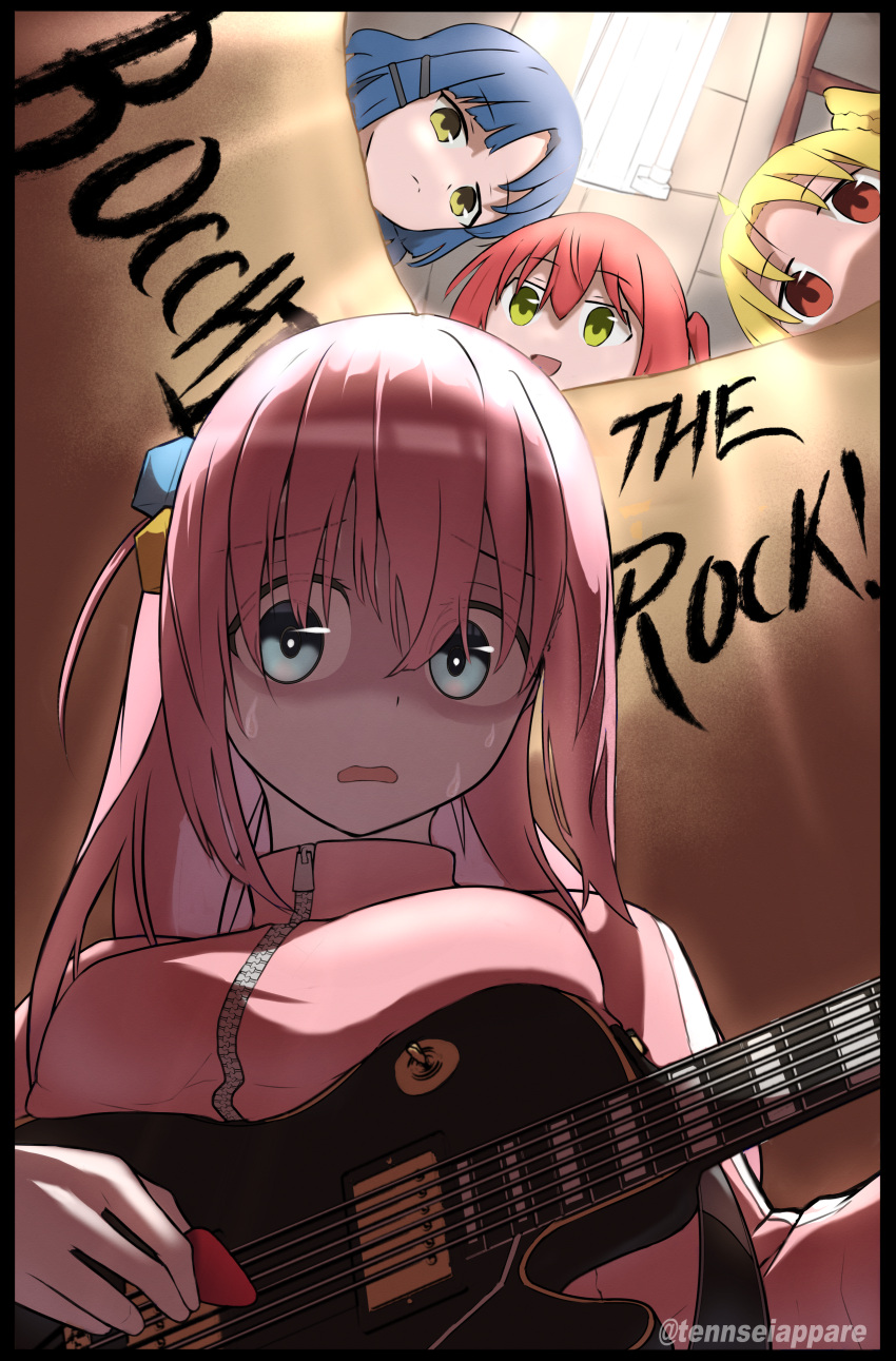 4girls absurdres bangs blonde_hair blue_eyes blue_hair bocchi_the_rock! breasts closed_mouth commentary_request electric_guitar english_text facing_viewer from_below gotou_hitori green_eyes guitar hair_between_eyes hair_cubes hair_ornament highres holding ijichi_nijika indoors instrument jacket kita_ikuyo large_breasts long_hair long_sleeves looking_at_viewer looking_away multiple_girls one_side_up open_mouth parted_bangs pink_hair pink_jacket red_eyes red_hair short_hair sweatdrop tennseiappare track_jacket twitter_username yamada_ryou