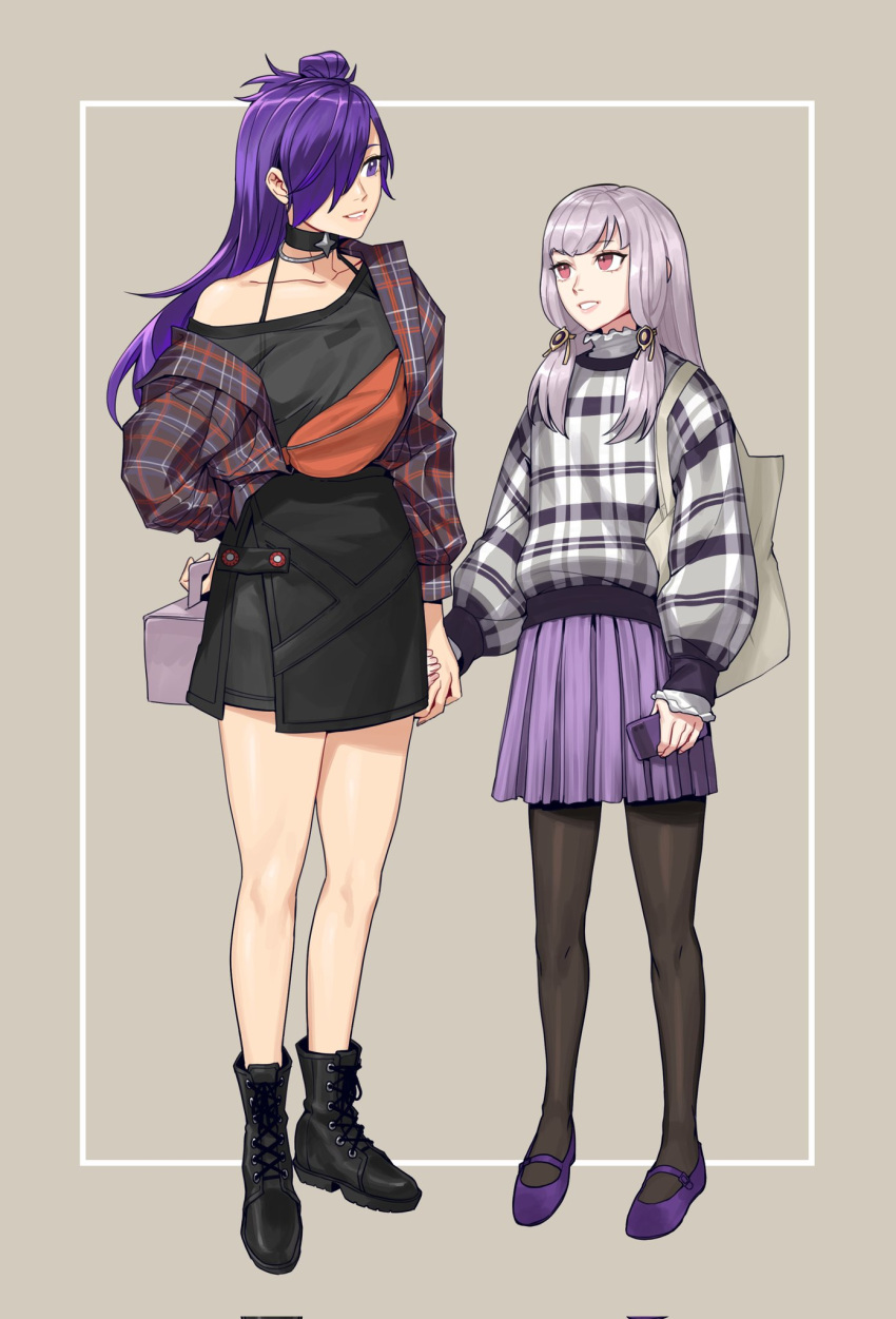 2girls adapted_costume casual contemporary couple fire_emblem fire_emblem:_three_houses fire_emblem_warriors:_three_hopes full_body hair_over_one_eye highres looking_at_another lysithea_von_ordelia multiple_girls pantyhose purple_hair radiostarkiller shez_(fire_emblem) shez_(fire_emblem)_(female) skirt smile standing yuri