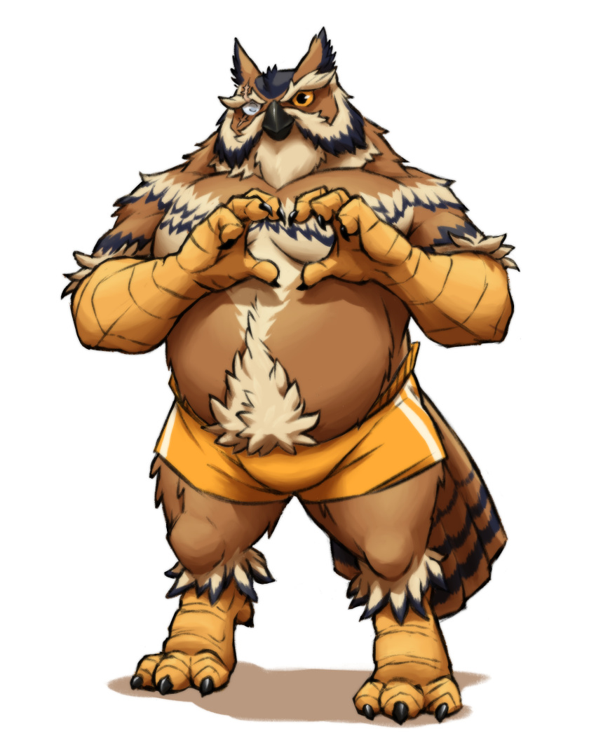 absurd_res anthro avian barazoku beak belly bird blind_eye body_hair bottomwear bubo_(genus) bulge clothed clothing eye_scar facial_scar feathers great_horned_owl happy_trail hi_res lox_oleum male mature_male mithgarx muscular muscular_male owl pecs scar shorts smile solo tail_feathers true_owl
