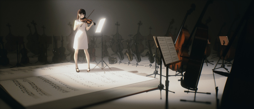 1girl absurdres black_eyes black_footwear black_hair blue_sailor_collar bow_(music) chinese_commentary commentary dress highres holding holding_bow_(music) holding_instrument indoors instrument instrument_request light long_hair looking_down maionese music music_stand musical_note original playing_instrument sailor_collar sailor_dress scenery sheet_music sleeveless sleeveless_dress solo standing violin white_dress wide_shot