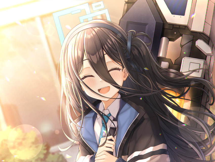 1girl :d ^_^ absurdres aris_(blue_archive) black_hair black_hairband blue_archive blue_necktie blush closed_eyes hair_between_eyes hairband halo highres jacket long_hair necktie reneua side_ponytail smile solo teeth upper_body upper_teeth