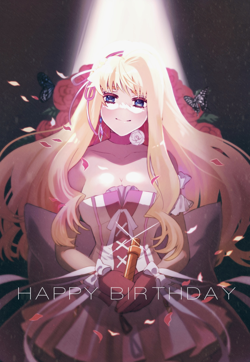 1girl bangs bare_shoulders blonde_hair blue_eyes breasts bug butterfly choker cleavage dress earrings falling_petals flower gloves hair_ornament happy_birthday highres holding holding_microphone jewelry large_breasts light_rays long_hair looking_at_viewer macross macross_frontier microphone petals pink_dress pleated_skirt red_flower red_rose rose sechi_(stst1850) sheryl_nome single_earring skirt sleeveless sleeveless_dress smile solo spotlight