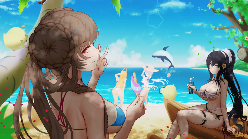 &gt;_&lt; 4girls absurdres alternate_costume aqua_bikini azur_lane beach bikini black_bikini black_hair blonde_hair braid braided_bun breasts can choker criss-cross_halter double_bun english_commentary food formidable_(azur_lane) formidable_(the_lady_of_the_beach)_(azur_lane) from_behind from_side green_eyes hair_bun halterneck hat highres holding holding_can illustrious_(azur_lane) indomitable_(azur_lane) large_breasts laurel_crown long_hair looking_at_viewer manjuu_(azur_lane) multi-strapped_bikini multiple_girls ocean official_alternate_costume orca pink_choker popsicle red_eyes riq_semak sand sitting summer sun_hat swimsuit thigh_strap very_long_hair victorious_(azur_lane) water white_bikini white_headwear