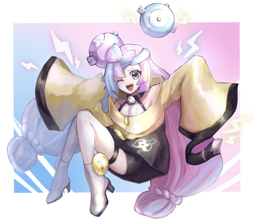 1girl ;d arms_up bare_shoulders black_coat blue_hair bow-shaped_hair braid breasts coat electricity eyelashes full_body grey_footwear grey_pantyhose halterneck high_heels highres iono_(pokemon) knees_together_feet_apart legs leon0630claude light_blue_hair long_hair long_sleeves looking_at_viewer low-tied_long_hair magnemite magnet multicolored_hair one-eyed one_eye_closed open_mouth pantyhose pink_eyes pink_hair pokemon pokemon_(creature) pokemon_(game) pokemon_sv screw sharp_teeth single_leg_pantyhose sleeves_past_fingers sleeves_past_wrists small_breasts smile star_(symbol) star_print teeth thigh_strap two-tone_coat two-tone_hair v-shaped_eyebrows very_long_hair wide_sleeves yellow_coat
