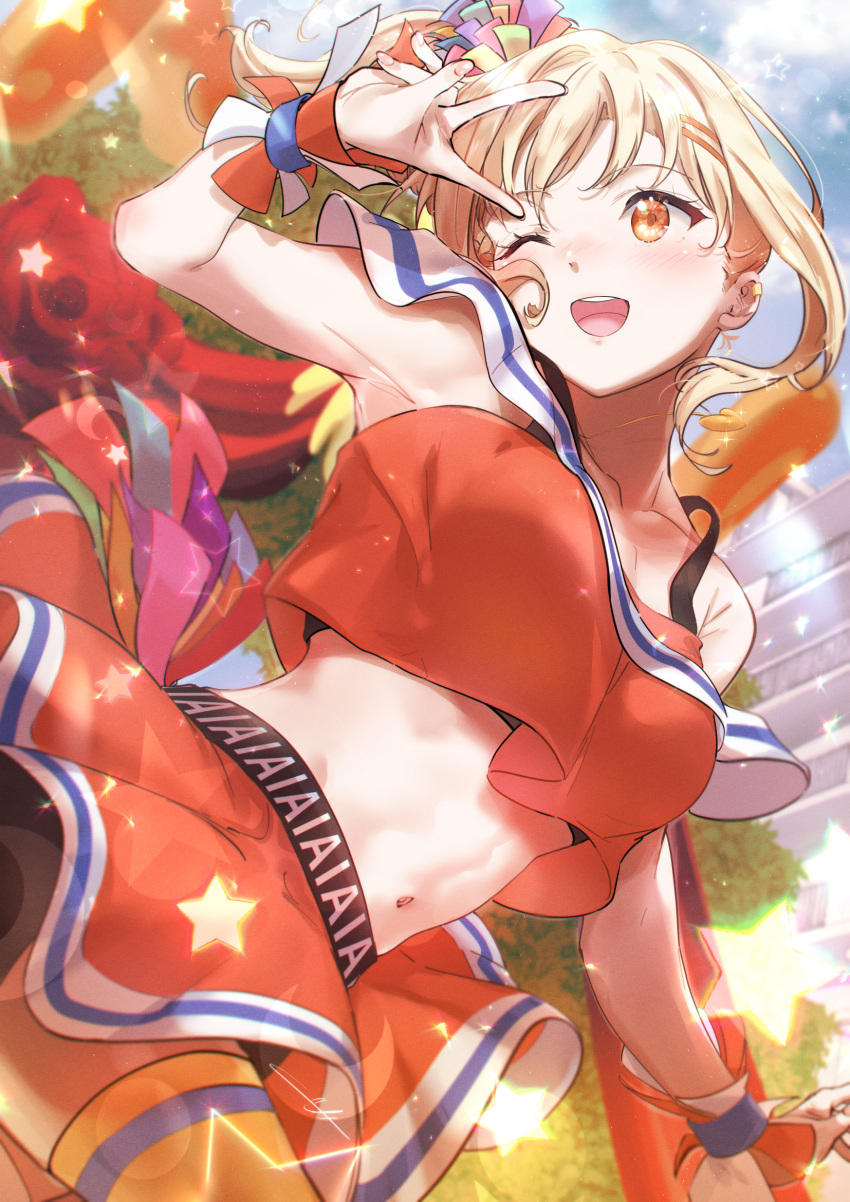 1girl black_shorts blonde_hair blush breasts commentary hair_ornament hand_up highres idol kuziaaizuk looking_afar love_live! love_live!_nijigasaki_high_school_idol_club medium_breasts medium_hair midriff miyashita_ai navel one_eye_closed open_mouth orange_eyes orange_skirt saiko_heart_(love_live!) shorts side_ponytail single_horizontal_stripe skirt smile solo star_(symbol) teeth thighhighs upper_teeth v yellow_thighhighs zettai_ryouiki