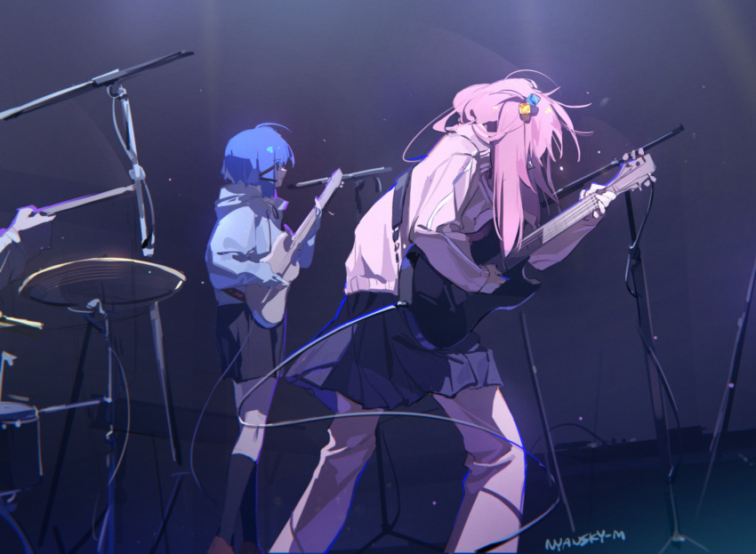 2girls artist_name black_skirt black_socks blue_hoodie bocchi_the_rock! commentary electric_guitar english_commentary feet_out_of_frame gotou_hitori guitar hair_cubes hair_ornament highres holding hood hood_down hoodie instrument jacket kneehighs light_particles long_hair long_sleeves messy_hair microphone_stand multiple_girls music nyansky pants pants_under_skirt pink_hair pink_jacket pink_pants playing_instrument pleated_skirt red_footwear short_hair skirt socks stage standing track_jacket yamada_ryou