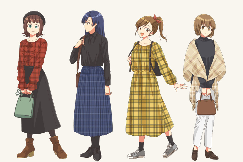 4girls amami_haruka backpack bag black_shirt black_sweater boots denim dress futami_mami hagiwara_yukiho handbag highres idolmaster idolmaster_(classic) jeans kisaragi_chihaya multiple_girls pants plaid plaid_shirt plaid_skirt pleated_skirt red_shirt shawl shirt shoes short_hair skirt skrmyg sneakers sweater white_background yellow_dress