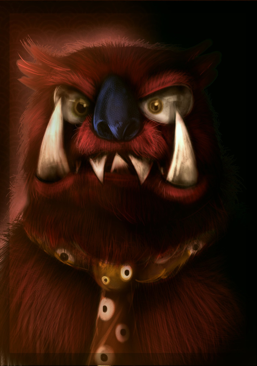 2022 anthro bugsnax cromdo_face detailed detailed_fur digital_media_(artwork) fur glistening glistening_eyes grumpus hi_res male necktie portrait red_body red_fur reflection solo teeth tusks whattheflup whiskers young_horses
