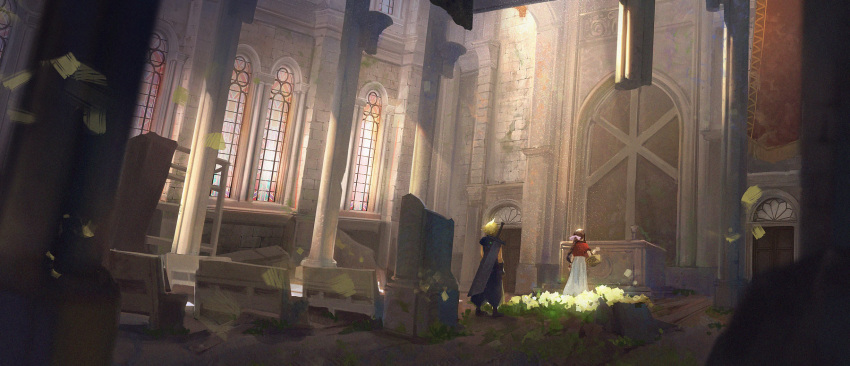 1boy 1girl aerith_gainsborough architecture armor baggy_pants basket blonde_hair boots braid braided_ponytail brown_hair buster_sword church cloud_strife column cropped_jacket door dress facing_away final_fantasy final_fantasy_vii final_fantasy_vii_remake flower_bed full_body gloves hair_ribbon highres holding holding_basket indoors jacket long_dress long_hair looking_at_another materia pants pew pillar pink_dress pink_ribbon red_jacket ribbon short_hair short_sleeves shoulder_armor sleeveless sleeveless_turtleneck spiked_hair stained_glass stoa_(stoa429) turtleneck weapon weapon_on_back window wooden_floor