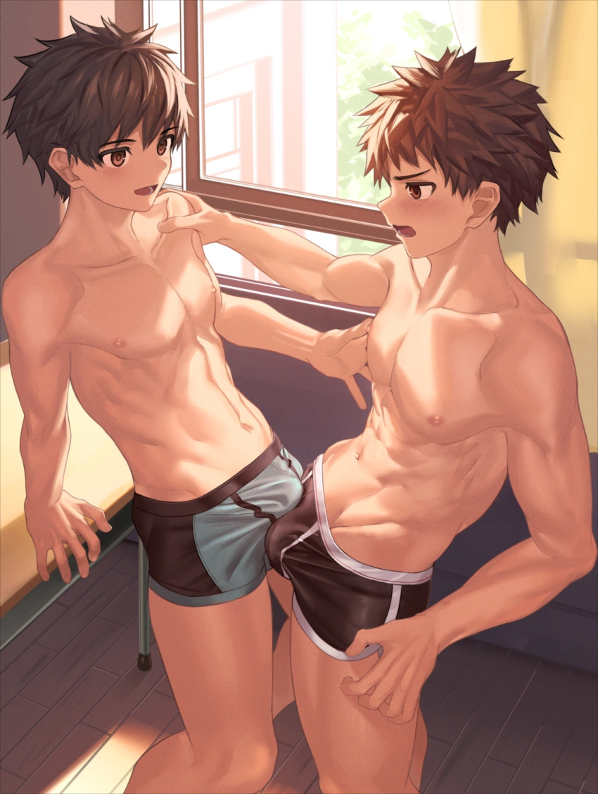 2boys arm_support bangs black_male_underwear blush boxer_briefs brown_eyes brown_hair bulge bulge_press bulges_touching classroom collarbone curtains desk erection erection_under_clothes eye_contact frottage hand_on_another's_shoulder hand_up highres hip_bones indoors looking_at_another male_focus male_underwear multiple_boys navel nayoshi_(r-744) nipple_rub nipples open_mouth original pectorals school_desk short_hair spiked_hair standing sunlight underwear underwear_only window wooden_floor yaoi