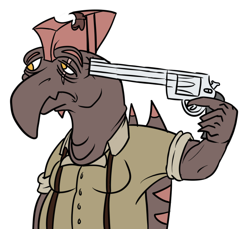 anthro clothed clothing dinosaur eye_scar facial_scar grey_body gun gun_to_head handgun long_snout male nrool orange_eyes pterodactylus pterosaur ranged_weapon reptile revolver ripley_(snoot_game) scalie scar smiling_friends snoot_game_(fan_game) snout solo suspenders tired_eyes video_games weapon wings