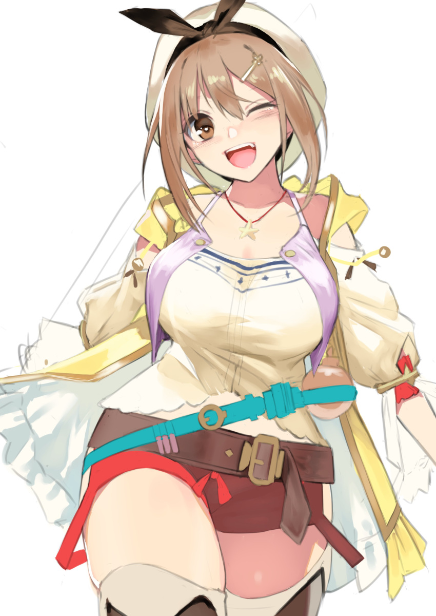 1girl absurdres atelier_(series) atelier_ryza atelier_ryza_1 belt blue_belt blush breasts brown_belt brown_eyes clothing_cutout commentary_request flask gen_(black_factory) hair_between_eyes hair_ornament hairclip highres jacket jewelry large_breasts leather leather_belt looking_at_viewer necklace one_eye_closed open_mouth red_shorts reisalin_stout round-bottom_flask short_shorts shorts shoulder_cutout sleeveless sleeveless_jacket solo star_(symbol) star_necklace strap thighs vial white_headwear yellow_jacket