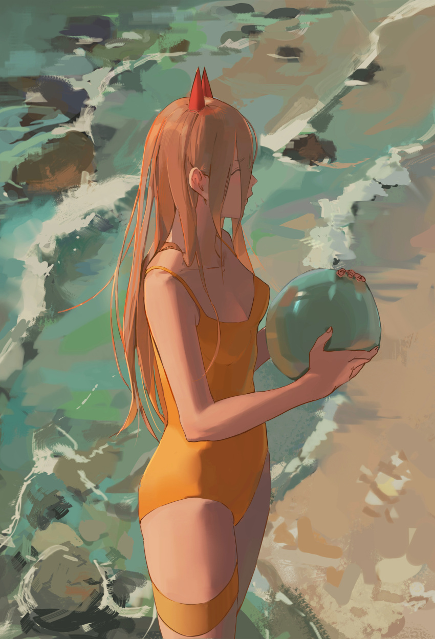 1girl absurdres beach blonde_hair breasts chainsaw_man closed_eyes day demon_girl demon_horns highres holding horns long_hair medium_breasts null_(skev7724) one-piece_swimsuit orange_one-piece_swimsuit outdoors power_(chainsaw_man) red_horns sand solo standing swimsuit thigh_strap water