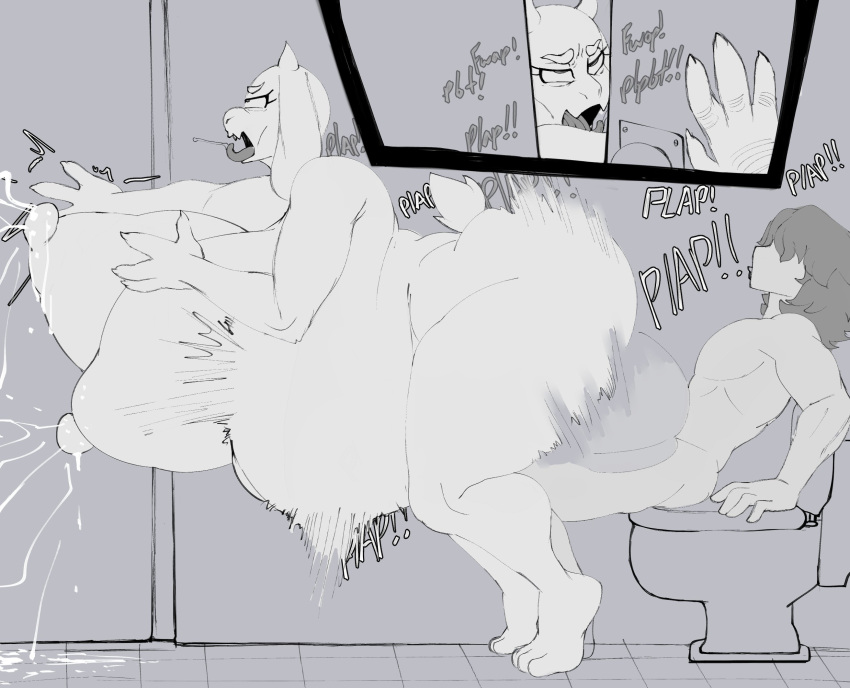 anthro anthro_penetrated bathroom belly_inflation big_breasts big_butt bodily_fluids boss_monster bovid breasts butt caprine cum cum_inflation cum_inside deltarune door duo english_text exclamation_point female female_penetrated floppy_ears genital_fluids goat hair hi_res horn huge_breasts human human_on_anthro human_penetrating human_penetrating_anthro inflation interspecies jaybotmechaniac kris_(deltarune) lactating male male/female male_penetrating male_penetrating_female mammal milk monochrome nude on_bottom on_top onomatopoeia open_mouth penetration reverse_cowgirl_position sex sitting slightly_chubby sound_effects text thick_thighs toilet toriel undertale undertale_(series) video_games