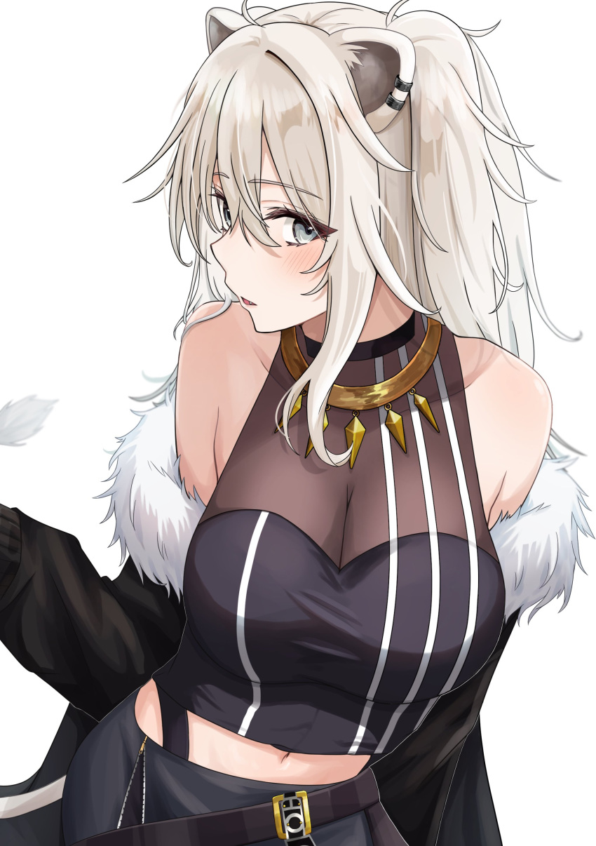 1girl absurdres animal_ears bangs bare_shoulders black_jacket black_shirt black_skirt breasts c1p122 cleavage crop_top ear_piercing fang fur-trimmed_jacket fur_trim grey_eyes grey_hair hair_between_eyes highres hololive jacket jewelry large_breasts leaning_forward lion_ears lion_girl lion_tail long_hair looking_at_viewer messy_hair midriff miniskirt navel necklace parted_lips piercing see-through see-through_cleavage shirt shishiro_botan sidelocks simple_background skirt sleeveless sleeveless_shirt solo tail two_side_up virtual_youtuber white_background zipper_pull_tab zipper_skirt