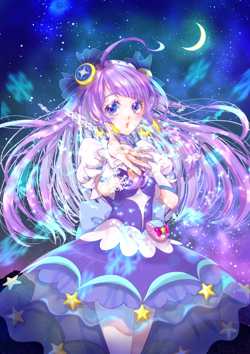 1girl cowboy_shot crescent crescent_earrings crescent_moon cure_selene dress earrings hair_ornament hair_ribbon hand_on_own_chest highres jewelry kaguya_madoka looking_at_viewer magical_girl moon night outdoors pouch precure puffy_short_sleeves puffy_sleeves purple_dress purple_eyes purple_hair ribbon see-through see-through_skirt short_sleeves skirt sky smile snowflakes solo star_(sky) star_color_pendant star_twinkle_precure starry_sky waka_(negronoir)