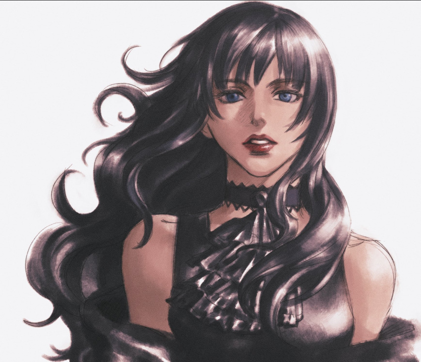 1girl ascot bangs bare_shoulders black_ascot black_choker black_hair blue_eyes caloserrr choker detached_sleeves final_fantasy final_fantasy_xiv gaia_(ff14) highres hyur lace-trimmed_choker lace_trim long_hair looking_at_viewer parted_lips portrait red_lips simple_background solo straight-on wavy_hair white_background wind