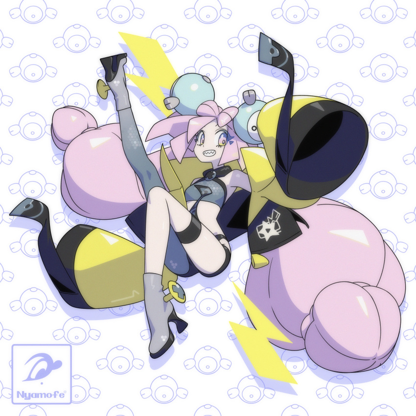 absurdres bow-shaped_hair character_hair_ornament grey_pantyhose hair_ornament hexagon_print highres iono_(pokemon) jacket long_hair low-tied_long_hair multicolored_hair nyamofe oversized_clothes pantyhose pokemon pokemon_(game) pokemon_sv sharp_teeth single_leg_pantyhose sleeves_past_fingers sleeves_past_wrists split-color_hair teeth very_long_sleeves x yellow_jacket