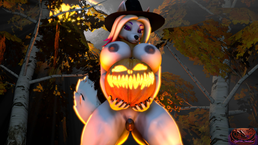 3d_(artwork) anthro big_breasts breasts canid canine canis digital_media_(artwork) female food fruit halloween hi_res holidays knightsfm lymoky_the_wolfess mammal mother parent plant pumpkin solo source_filmmaker wide_hips wolf