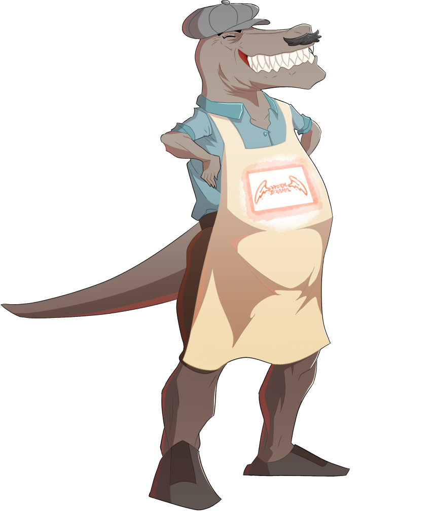 absurd_res alpha_channel anthro apron cavemanon clothed clothing concept_art dinosaur facial_hair grin hair headgear headwear hi_res long_snout male moe_(snoot_game) mustache reptile scalie sharp_teeth simple_background small_arms smile snoot_game_(fan_game) snout solo standing teeth theropod transparent_background tyrannosaurid tyrannosaurus video_games