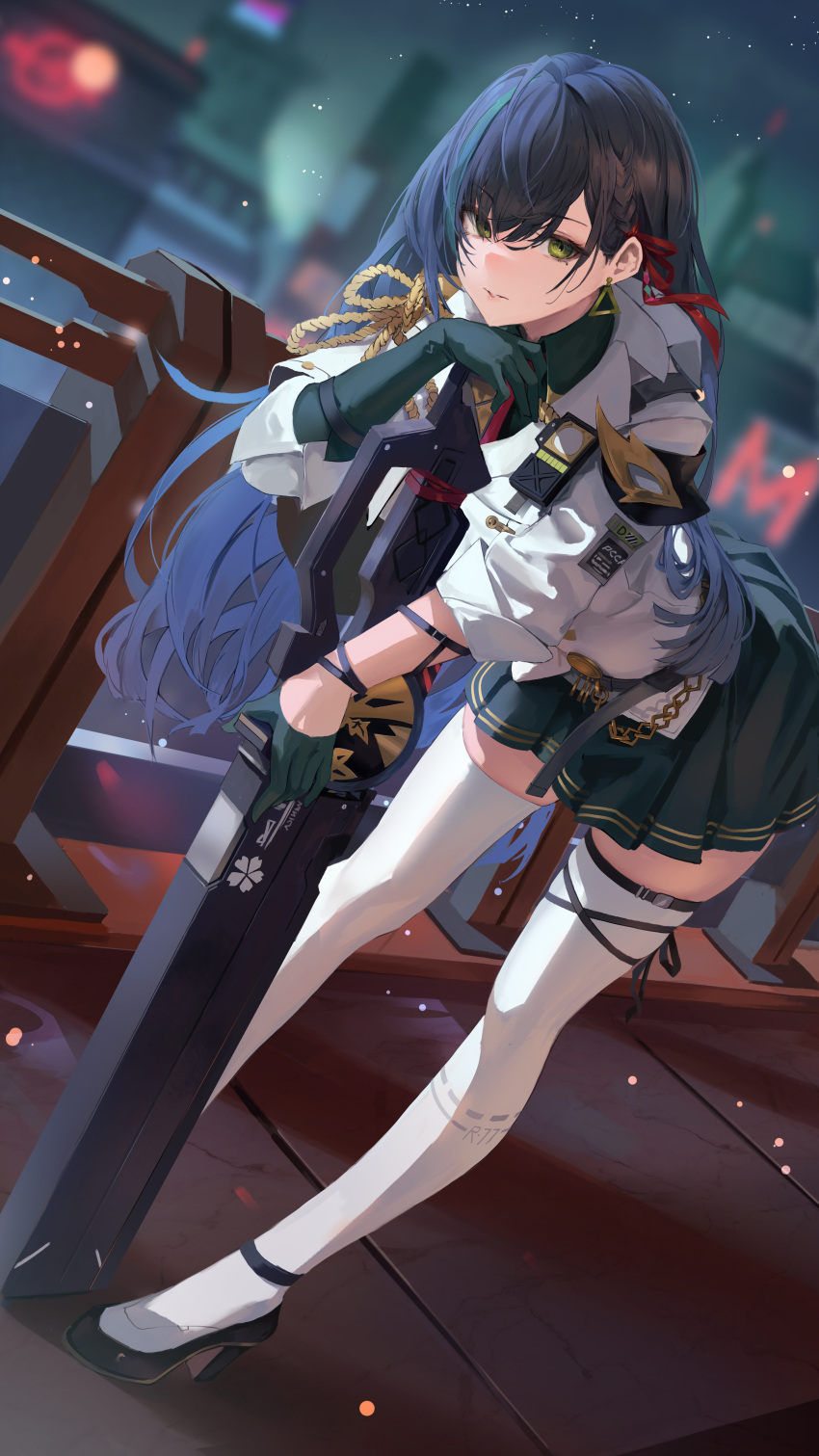 1girl absurdres arm_support asymmetrical_gloves bangs black_footwear black_gloves black_hair blurry braid depth_of_field dutch_angle elbow_gloves full_body gloves green_eyes half_gloves head_rest high_heels highres hiki_niito huge_weapon jacket leaning_forward lin_(tower_of_fantasy) long_hair looking_at_viewer miniskirt mismatched_gloves parted_lips pleated_skirt ribbon single_elbow_glove skirt sleeves_rolled_up solo swept_bangs sword thigh_strap thighhighs tower_of_fantasy uniform weapon white_jacket white_thighhighs zettai_ryouiki