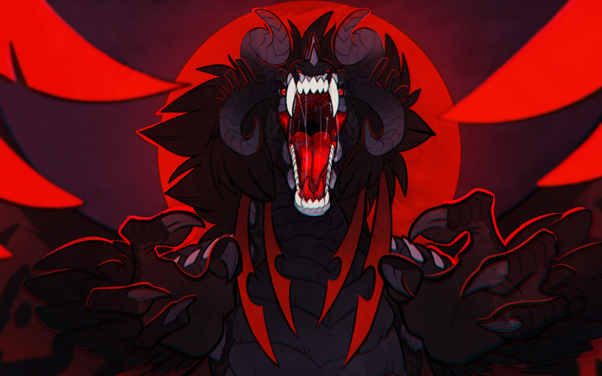 16:10 4_horns ambiguous_gender artist_name black_body black_scales bodily_fluids bust_portrait claws dragon fangs feral front_view grey_claws horn kardinaluz looking_at_viewer mouth_shot multi_horn open_mouth portrait red_eyes red_tongue saliva saliva_on_tongue saliva_string scales shadowwolfhunter simple_background solo tongue widescreen