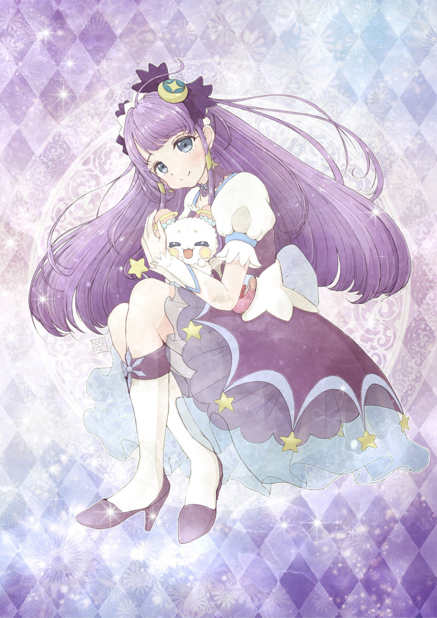 argyle argyle_background black_hair crescent crescent_earrings cure_selene dress earrings fuwa_(precure) highres jewelry kaguya_madoka long_hair magical_girl open_mouth precure purple_background purple_dress purple_eyes purple_hair sakihi short_sleeves sitting smile star_twinkle_precure