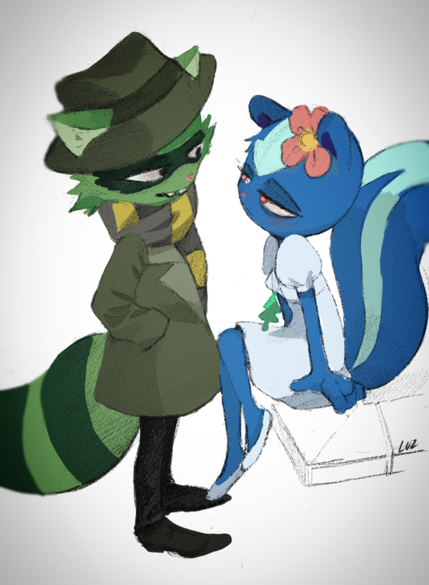 absurd_res anthro blue_body blue_fur bottomwear clothed clothing coat dress duo eye_contact female flower_on_head footwear fur green_body green_fur happy_tree_friends hat headgear headwear hi_res looking_at_another male mammal mephitid narrowed_eyes pants petunia_(htf) procyonid raccoon scar shifty_(htf) shoes sitting skunk smile smiling_at_another standing topwear unknown_artist