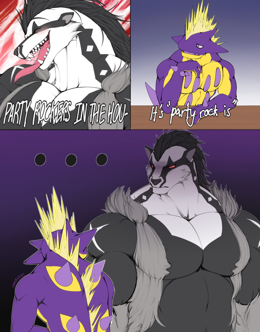 2022 amped_toxtricity anthro biped black_body black_fur blush daily-incineroar digital_media_(artwork) duo english_text fangs fur generation_8_pokemon grey_body grey_fur hi_res long_tongue male multicolored_body multicolored_fur muscular muscular_anthro muscular_male nintendo obstagoon open_mouth open_smile party_rockers pokemon pokemon_(species) purple_body red_eyes smile text tongue tongue_out toxtricity video_games white_body white_fur yellow_body