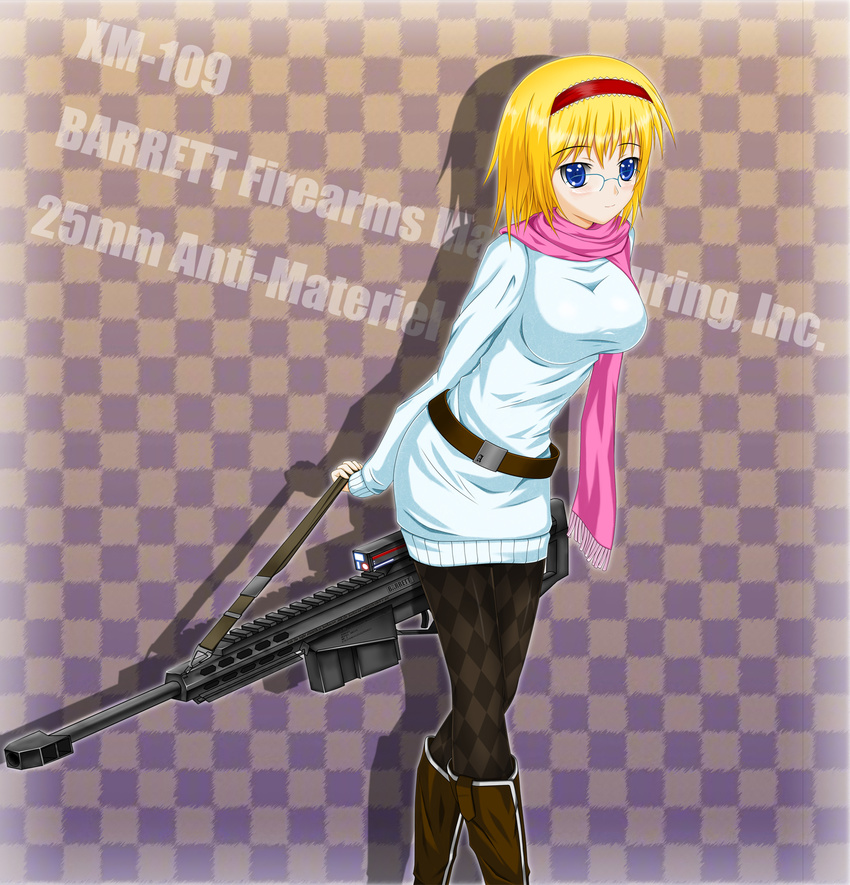 alice_margatroid anti-materiel_rifle arms_behind_back barrett_xm109 bespectacled blonde_hair blue_eyes boots breasts checkered checkered_background glasses gun hairband highres large_breasts leaning_forward midnight_(banyex) pantyhose rifle scarf short_hair smile sniper_rifle solo touhou weapon