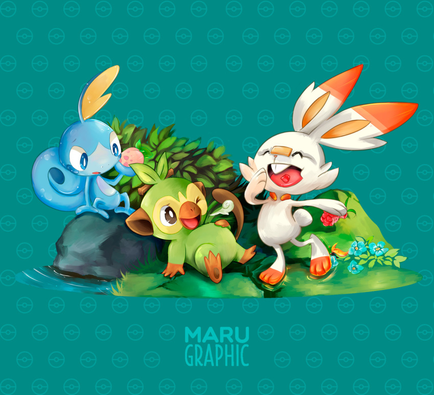 bunny burp creatures_(company) eating full_body game_freak gen_8_pokemon grass grookey maru_(marugraphic) monkey nintendo no_humans open_mouth pokemon pokemon_(creature) pokemon_(game) pokemon_swsh scorbunny smile sobble