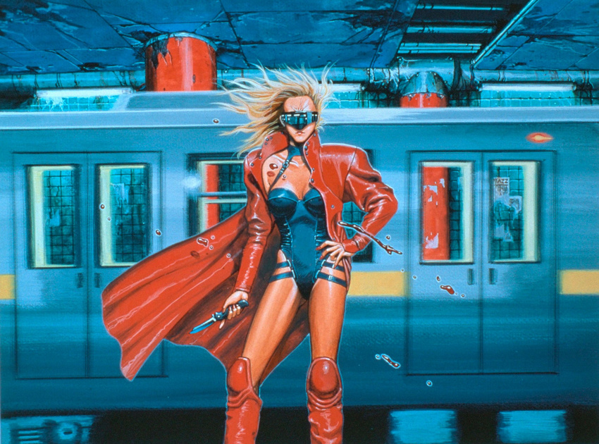 1girl 80's 80's 80s a.d._police_files ad_police ad_police_files bare_shoulder blade blonde_hair blood boots breasts buttons caroline_evers ceiling cleavage coat collar column columns contrapposto facing_viewer flying_hair halterneck hand_on_hip hidden_eyes high_boots highres hips holding knife large_breasts leotard lipstick long_coat long_hair looking_at_viewer makeup mask nail_polish oldschool one-piece_swimsuit painted_fingernails pillar rushing_past solo standing strap straps subway swimsuit underground veins waggon wagon