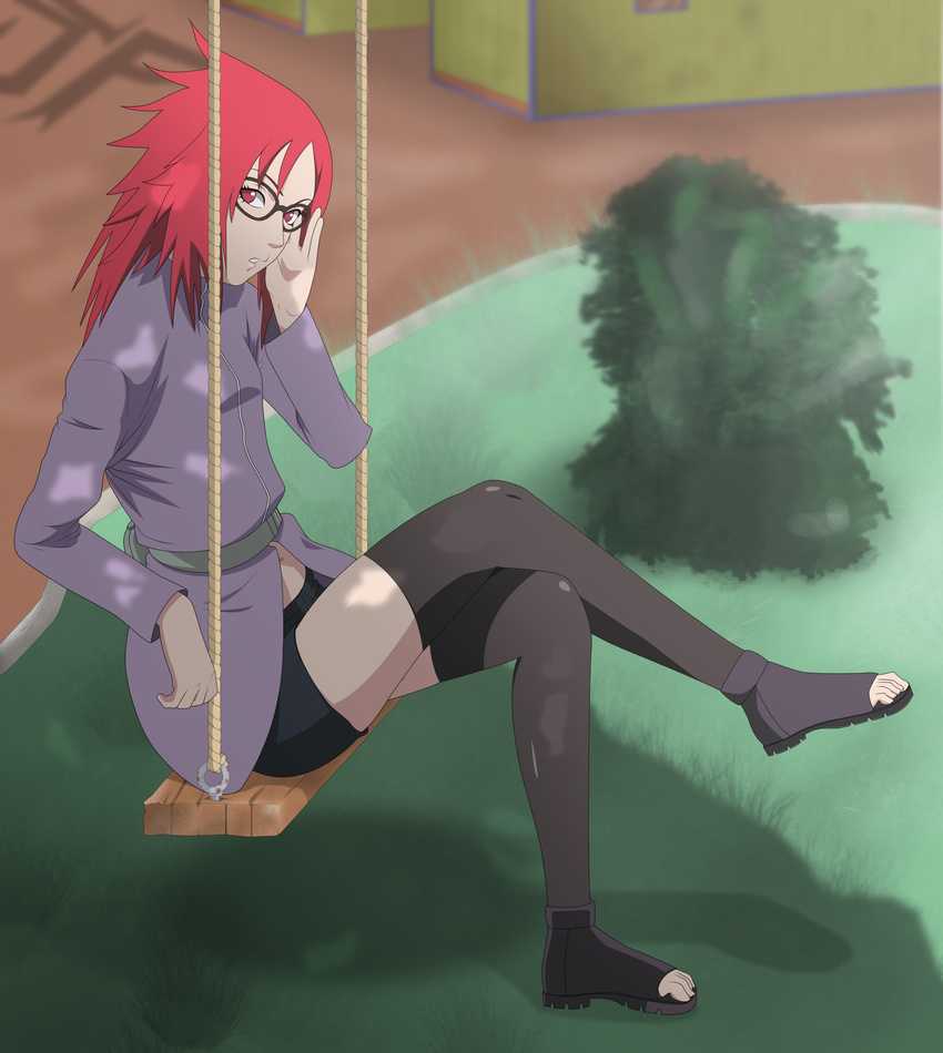 bangs feet female glasses highres karin_(naruto) looking_at_viewer naruto naruto_shippuuden outdoors red_eyes red_hair solo stiky_finkaz swing swingset