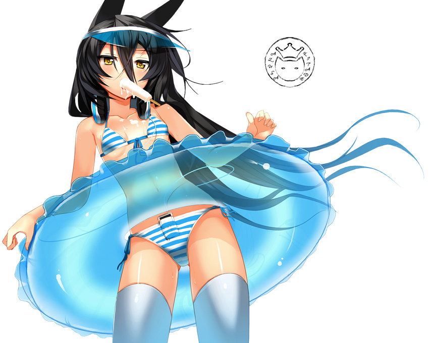 1girl azusa_kitade_render bikini black_hair char eating female food girl headphones highres ice_cream innertube ipod long_hair photoshop popsicle simple_background solo striped swimsuit thighhighs transparent_background visor yellow_eyes