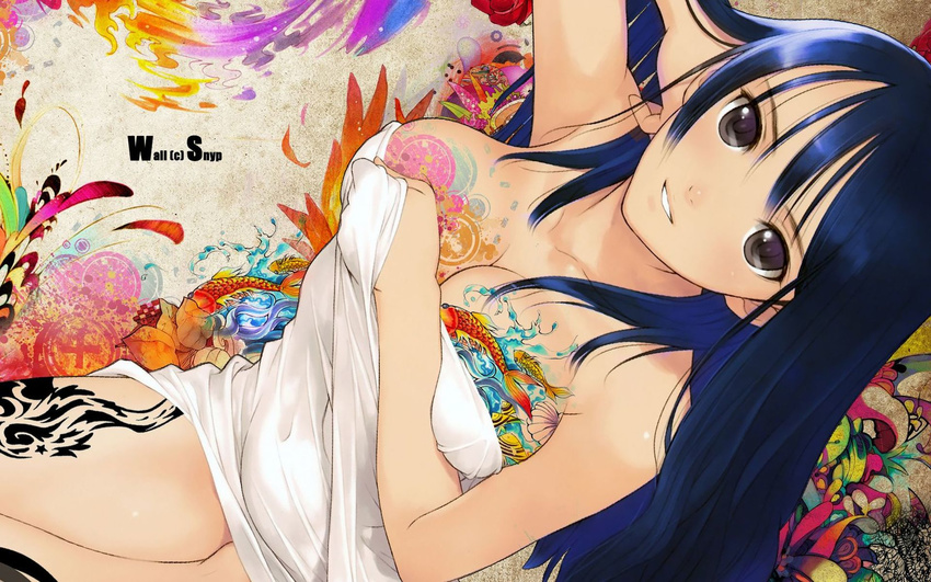 bare_shoulders bed_sheet black_eyes blue_hair breasts cleavage highres jpeg_artifacts large_breasts long_hair naked_sheet nude sitting smile snyp solo tanaka_takayuki tattoo third-party_edit wallpaper watermark