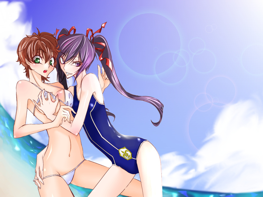 2girls bikini body_blush bonne_chance breast_grab breasts brown_hair code_geass female genderswap grabbing green_eyes kururugi_suzaku lelouch_lamperouge long_hair luluko midriff multiple_girls one-piece_swimsuit one_piece_swimsuit purple_eyes purple_hair red_ribbon ribbon short_hair suzako swimsuit twintails water