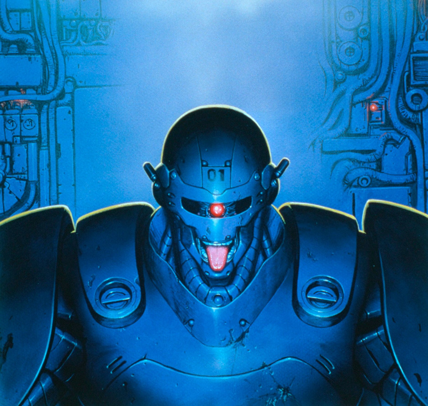 80's 80's 80s ad_police antennae billy_fanword biting blue boomer cable dark_room halo highres impact machine male male_focus metal oldschool open_mouth police police_uniform policeman red_light teeth tongue uniform visor wall