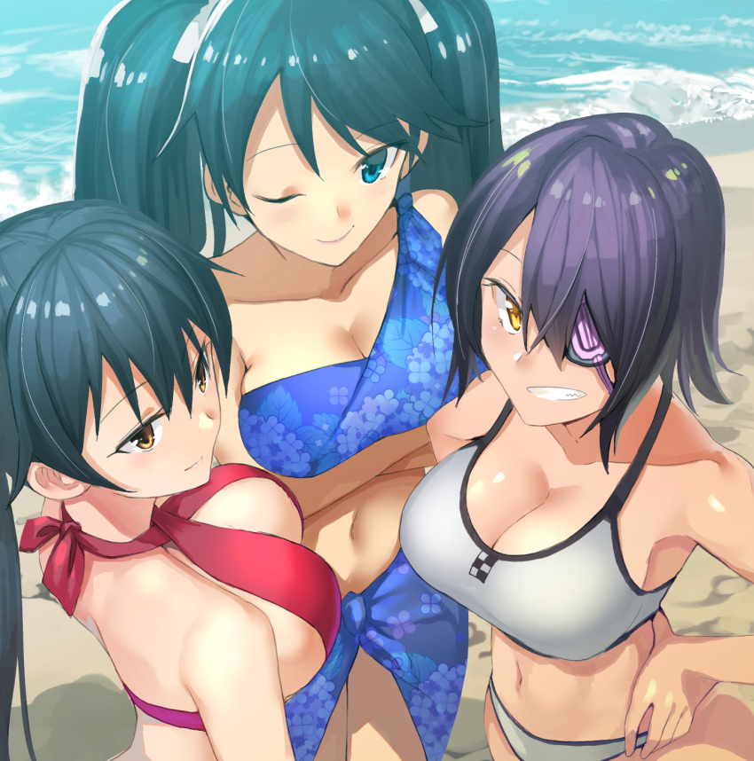 3girls alternate_costume alternate_eye_color bangs bare_shoulders bikini black_hair blue_eyes blue_hair blush breasts brown_eyes cleavage closed_mouth collarbone crossed_arms day eyepatch floral_print hair_between_eyes hair_ribbon halter_top halterneck hands_on_hips highres isuzu_(kantai_collection) kantai_collection large_breasts long_hair looking_at_viewer masukuza_j multiple_girls navel ocean one_eye_closed outdoors parted_lips ponytail purple_hair red_bikini ribbon sand sarong shiny shiny_skin short_hair sidelocks stomach swimsuit tenryuu_(kantai_collection) twintails waves white_bikini yahagi_(kantai_collection) yellow_eyes