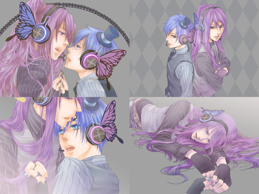 2boys blue_hair butterfly head_set highres kaito kamui_gakupo long_hair magnet_(vocaloid) male male_focus multiple_boys purple_hair vocaloid yaoi