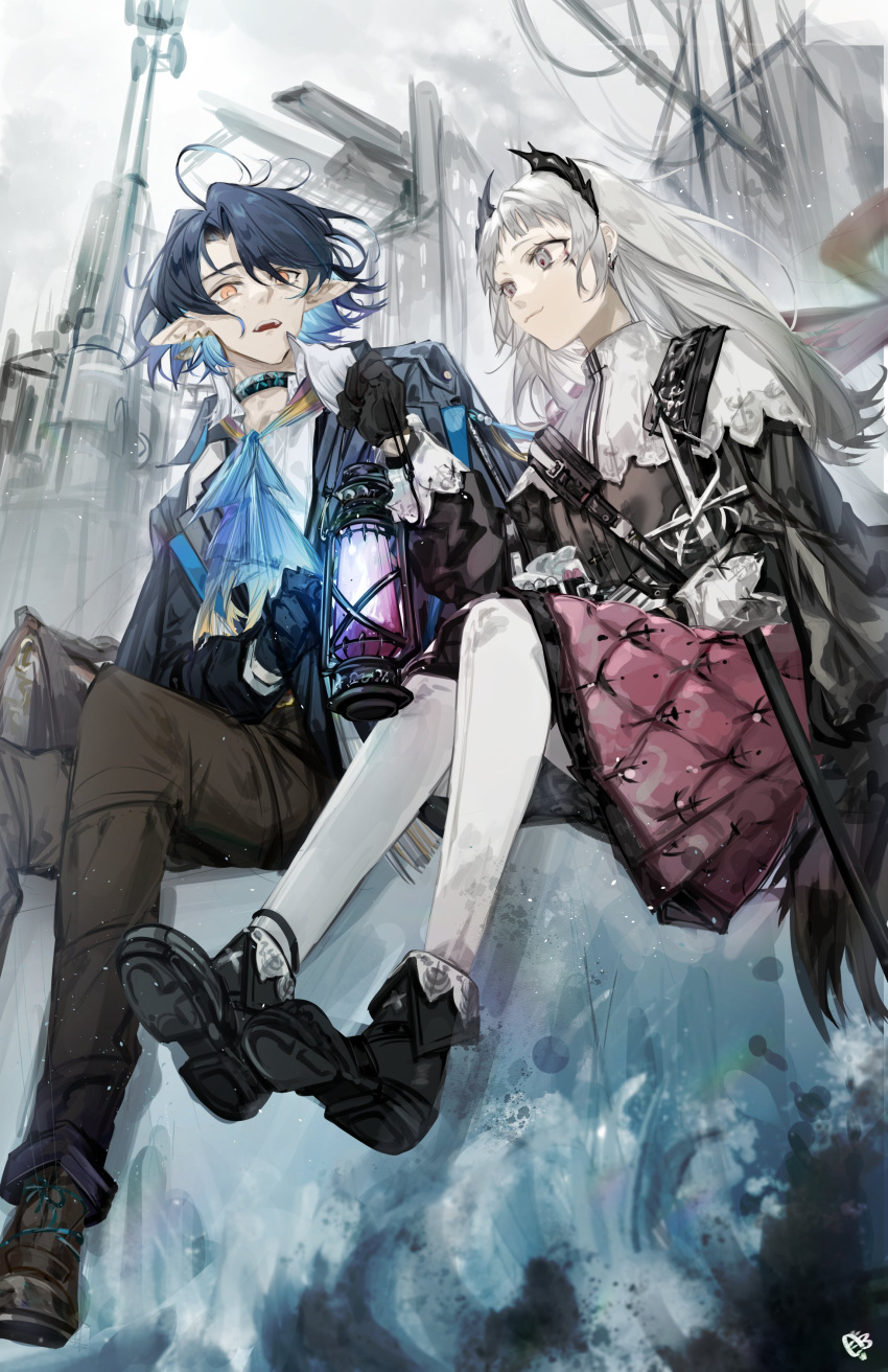 1boy 1girl a_chxoblc absurdres ahoge arknights ascot black_footwear black_gloves black_hair black_jacket black_pants blue_ascot blue_hair boots choker crane_(machine) gloves grey_eyes grey_hair highres holding holding_lantern infection_monitor_(arknights) irene_(arknights) jacket lantern long_sleeves lumen_(arknights) multicolored_hair open_mouth pants pantyhose pier pink_skirt pointy_ears scaffolding short_bangs sitting skirt smile sword two-tone_hair weapon white_pantyhose yellow_eyes