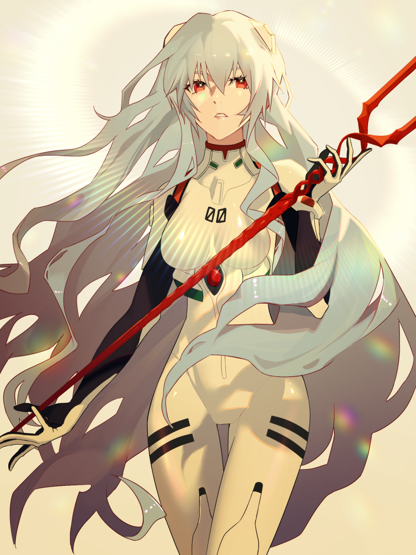 1girl ayanami_rei blue_hair bodysuit breasts cowboy_shot grey_background hair_between_eyes halo headgear high_collar highres holding holding_weapon long_hair medium_breasts neon_genesis_evangelion parted_lips plugsuit red_eyes solo standing thigh_gap weapon white_bodysuit whither_laws
