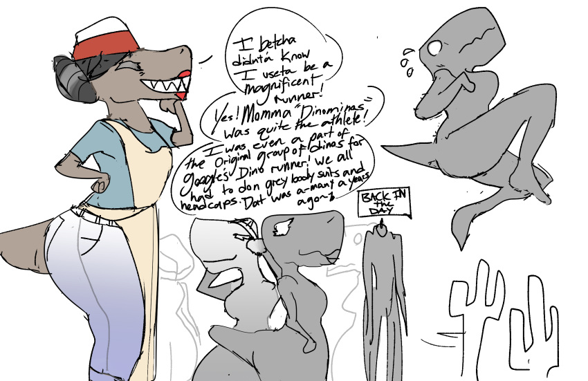 anthro apron cactus clothed clothing crossgender dialogue dinosaur dinosaur_(google_chrome) english_text female fullbody_suit google google_chrome greying_hair hair hat headgear headwear hi_res mature_female moe_(snoot_game) plant reptile scalie sketch sketch_page snoot_game_(fan_game) solo speech_bubble suit text theropod thick_thighs tied_hair tyrannosaurid tyrannosaurus unknown_artist video_games wide_hips