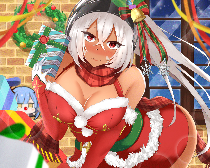 1girl absurdres alternate_costume azur_lane bangs bell blush bow breasts brick_wall christmas cleavage closed_mouth commentary_request core1013 cowboy_shot crossed_bangs dark-skinned_female dark_skin dress elbow_gloves facepaint fur-trimmed_dress fur-trimmed_gloves fur_trim gift gloves green_belt hair_bell hair_between_eyes hair_bow hair_ornament headphones high_ponytail highres holding holding_gift indoors large_breasts long_hair looking_at_viewer minneapolis_(azur_lane) multicolored_clothes multicolored_gloves neptune_(azur_lane) nose_blush plaid plaid_scarf red_bow red_dress red_eyes red_gloves red_scarf santa_costume santa_dress scarf sleeveless sleeveless_dress solo star_(symbol) sticker very_long_hair white_gloves white_hair window wreath